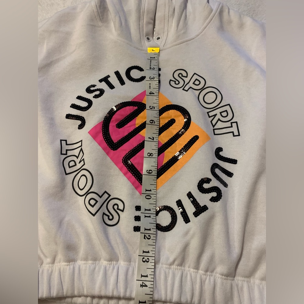 Girls size L 12-14 white cut off sleeve hoodie. Sweatshirt sporty bright graphic - Picture 5 of 12